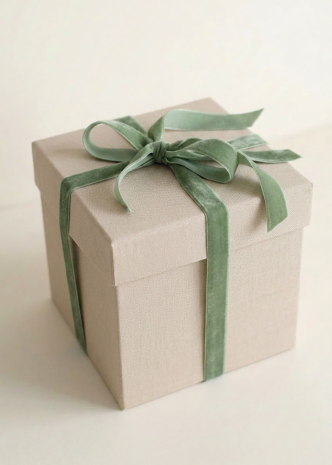 Scatola Cube in carta color avorio per panettone con coperchio incorporato e nastro verde salvia