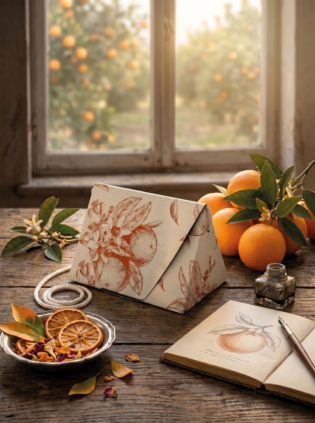 Scatola in carta Bag personalizzata con motivo di arance e cordino bianco, packaging a forma di borsetta
