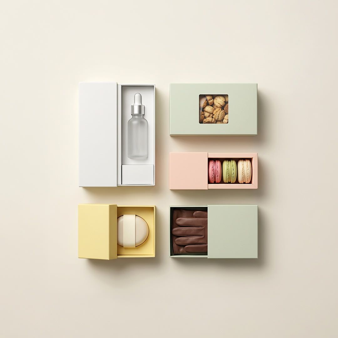 Astucci personalizzati in colori pastello per macarons, amaretti, flaconi, contenitori e accessori