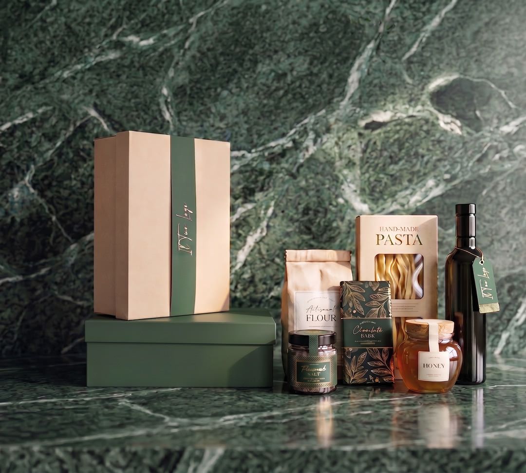 Scatola Maxi per strenne natalizie con pasta, miele e olio su piano in marmo verde