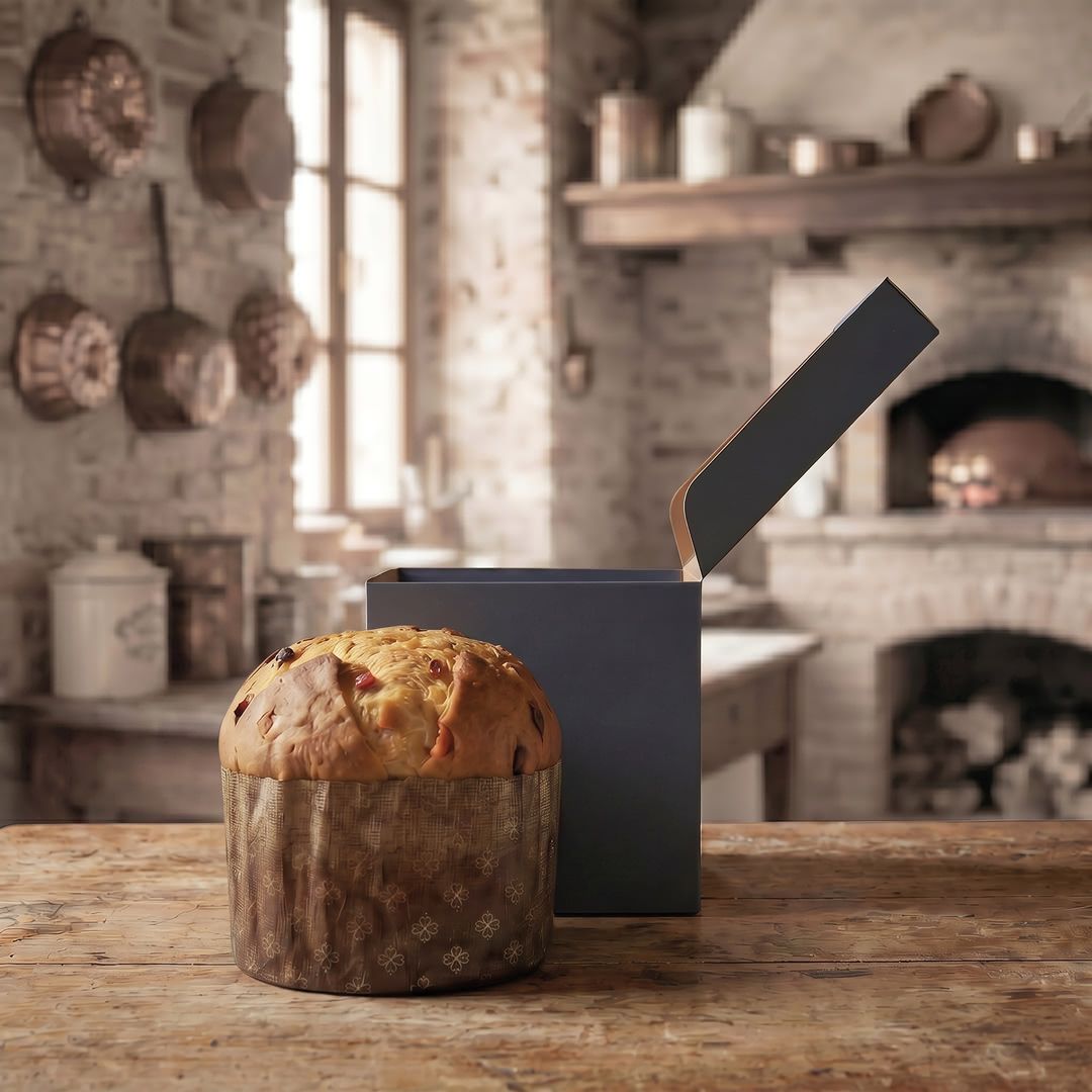 Scatola cubica blu in carta Materica Cobalt di Fedrigoni per panettone gourmet