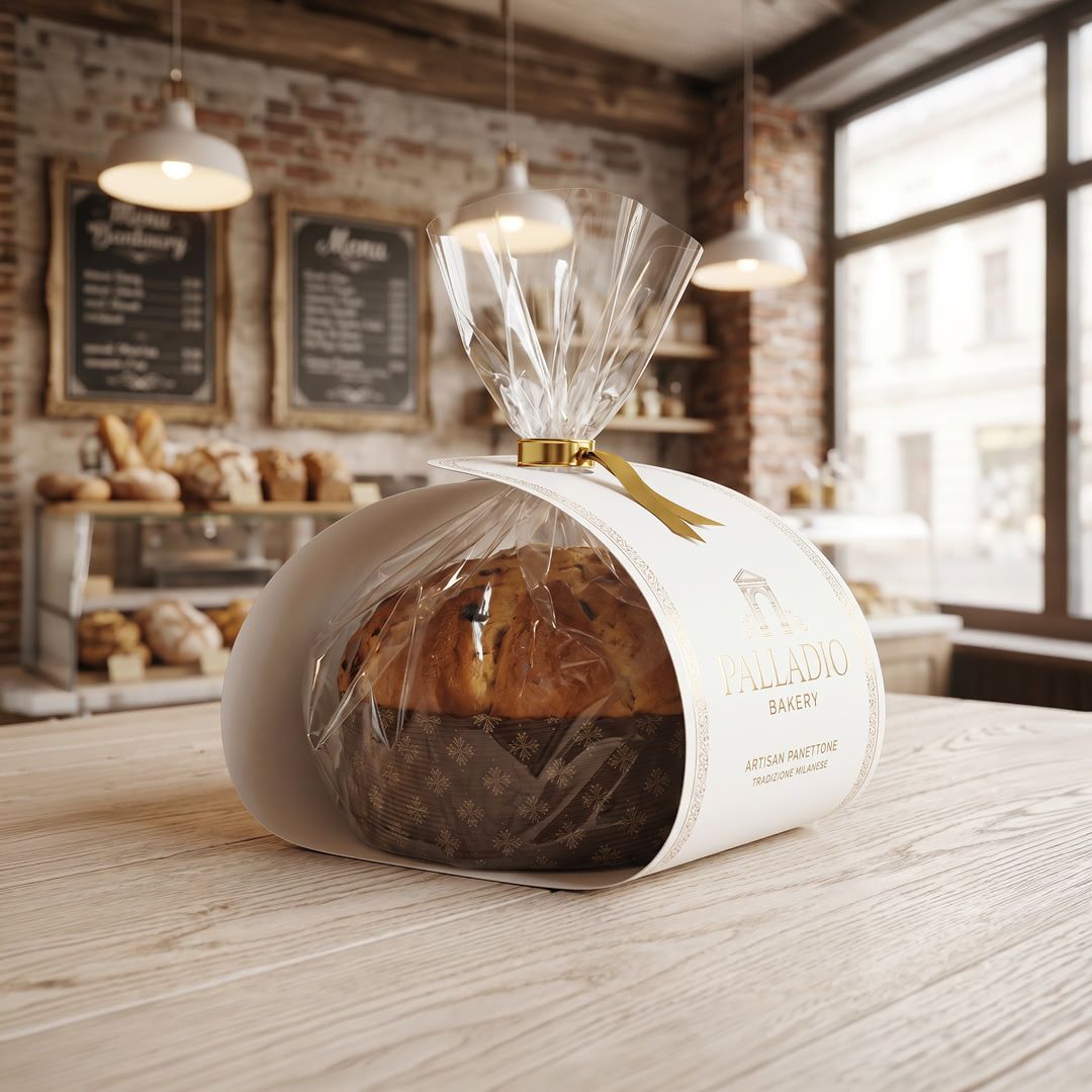 Panettone confezionato con fascetta Band in carta personalizzata con grafica della Pasticceria Palladio